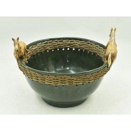CACHEPOT SHABBY P VERDE MUSGO COM CAVALOS E APLICAÇÃO DE COURO 25L x 28C x 20A