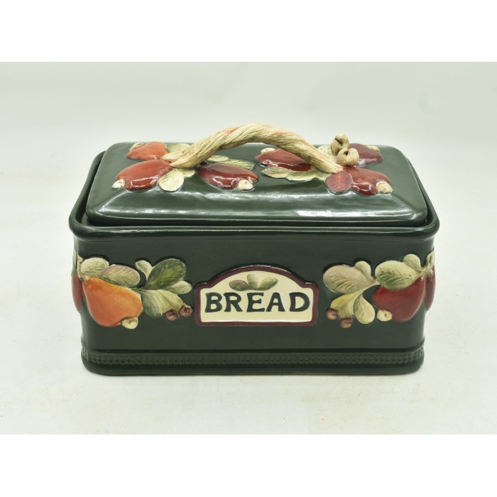 CAIXA DE PÃO RELEVO DE CAJU FUNDO VERDE MUSGO 19L x 32C x 21A